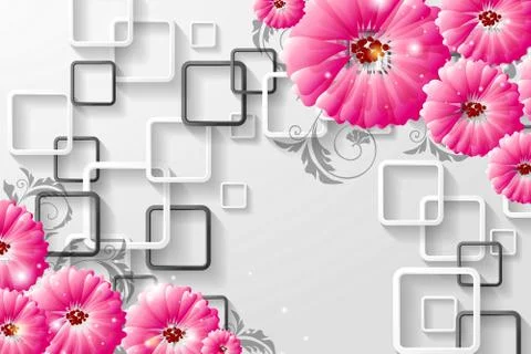 Gray background, rectangular frames, large crimson fabulous flowers イラスト素材
