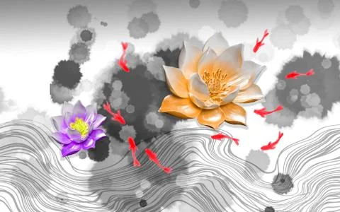 Gray background, red fish, large purple and beige ceramic buds of water lilies Stock Illustration