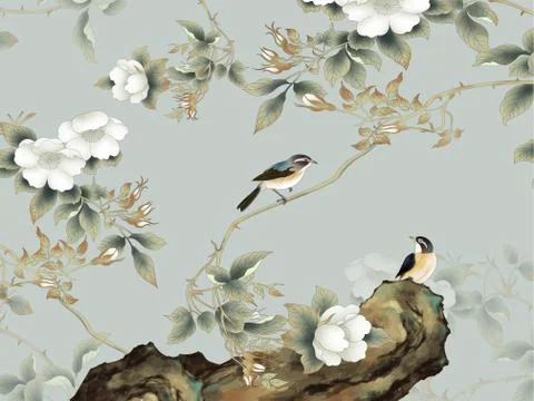 Gray background, rock, thin branches with white flowers, two sitting birds Stock Illustration