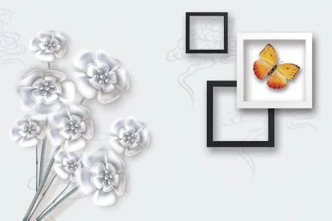 Gray background, silver flowers, frames, bright orange butterfly in a frame Stock Illustration