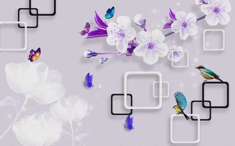 Gray background, square frames with rounded corners, white and lilac flowers Stock Illustration