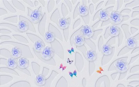 Gray background, textured tree with blue buds of roses and colorful butterflies Stock Illustration