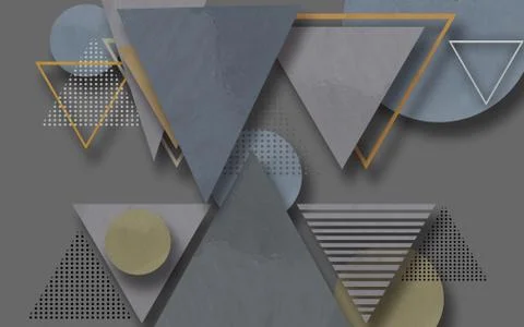 Gray background, triangles and circles of different textures and colors Stock Illustration