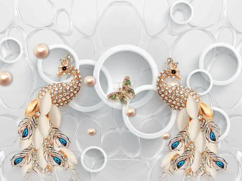 Gray background, two golden peacocks, white rings, a butterfly Stock Illustration