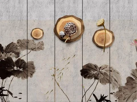 Gray background, vertical boards, dark leaves of water lilies, three split wood Stock Illustration