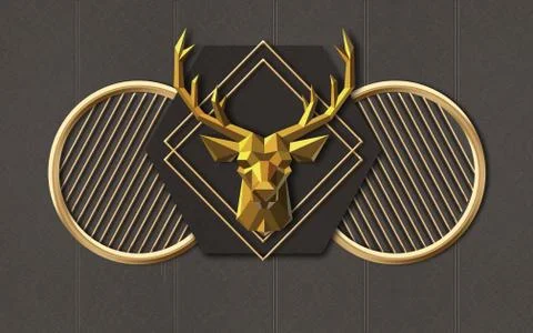 Gray background, vertical lines, gold rings and rhombuses, polygonal deer head Stock Illustration