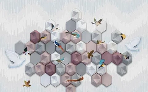 Gray background, volumetric multicolored hexagons, many small birds Stock Illustration