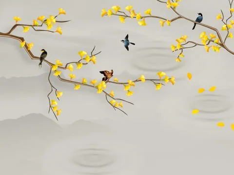 Gray background, water drops, branches with yellow leaves, sitting birds Stock Illustration