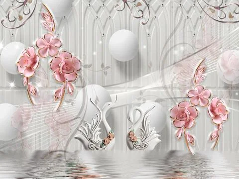 Gray background, white balls, two white swans, pink flowers on golden stems Stock Illustration