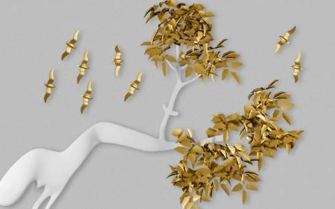Gray background, white curved tree with golden leaves and golden flock of birds Stock Illustration