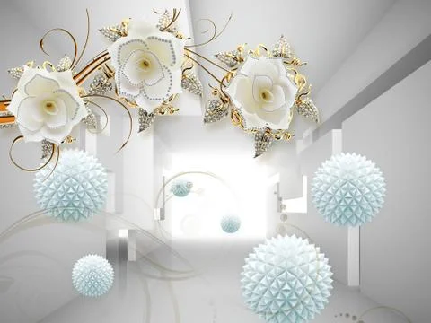 Gray background, white flowers on gilded stems, blue paper origami balls Stock Illustration