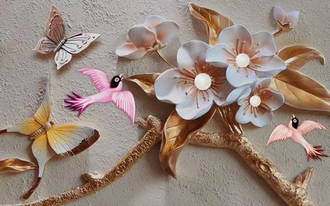 Gray background, white flowers, two large butterflies and pink birds Stock Illustration