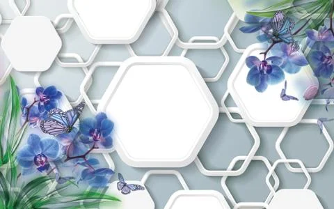 Gray background, white hexagons, blue orchids and butterflies Stock Illustration
