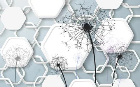 Gray background, white hexagons, large black outlines of dandelions Stock Illustration