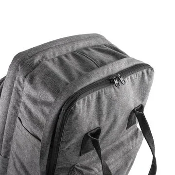 Gray backpack with a large zippered compartment, top view. Stock Photos