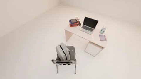 Gray backpack on student chair beside wooden school desk Illustrazione stock