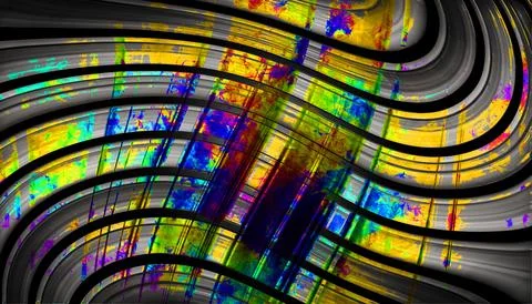 Gray Black Metallic Curved Wave Colorful Plaid Glitch Abstract Background Stock Illustration