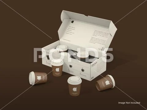Gray Blank Coffee Capsule Packaging Mockup with Open Box 3D Rendering on White Plantilla PSD