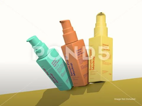 Gray Blank Serum Pump Bottle Mockup 3D Rendering Skincare Packaging PSD Template