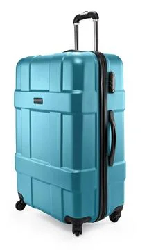 Gray-blue suitcase plastic half-turned Stock Photos