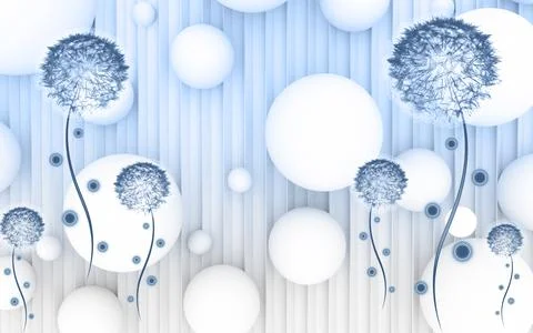 Gray-blue vertical stripes, large white balls, curved dandelions Illustrazione stock