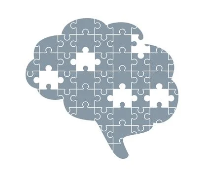 Gray brain puzzle with missing puzzle pieces, isolated on white background Illustrazione stock