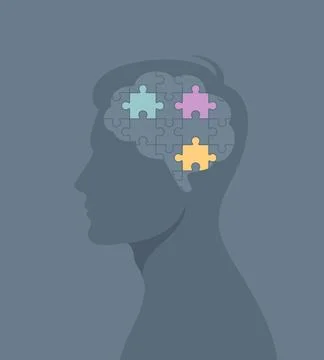 Gray brain puzzle with some colored pieces in the head of a human silhouette Stock Illustration