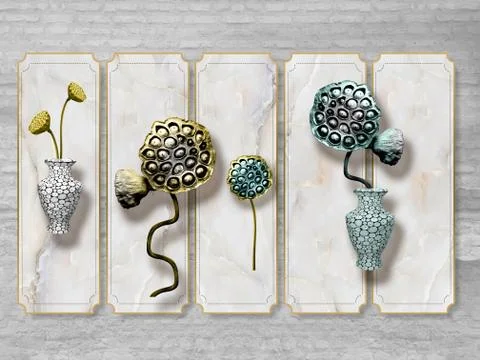 Gray brick background, marble tile, two vases, lotus flowers with seeds Stock Illustration