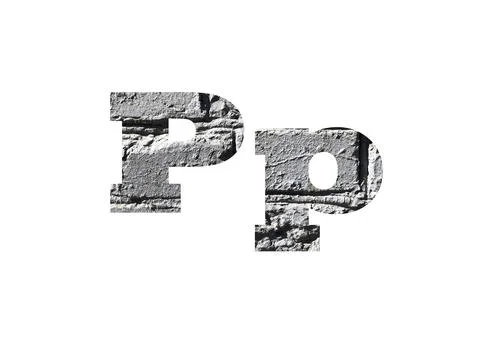 Gray brick background. Shot through the cut-out silhouette of the letter P Stock Photos