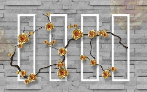 Gray brick background, white rectangular frames, golden roses 스톡 일러스트