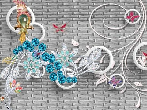Gray brick background, white rings, flowers with crystals, golden parrot Stock Illustration