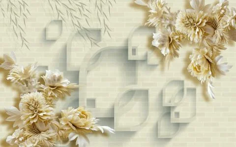 Gray brick texture in the background, large beige fairy flowers Stock Illustration