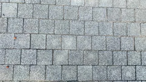 A gray brick wall with a few orange leaves on it Foto stock