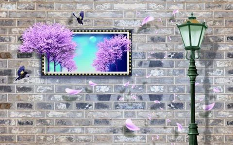 Gray brick wall, frame with the image of pink trees, a lantern on a pole Stock Illustration