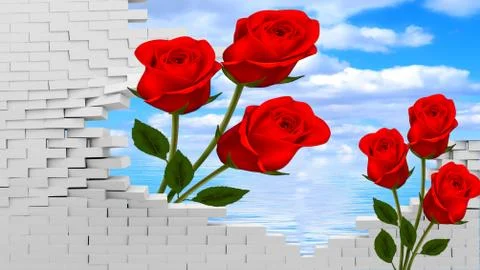 Gray bricks, large red roses, blue sky and sea in the background Stock Illustration