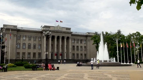 Gray Building of Legislative Assembly Krasnodar Territory with fountain Stock Footage 126396863