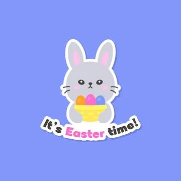 Gray Bunny Holding Basket of Easter Eggs with Its Easter Time Text Stock-Illustration