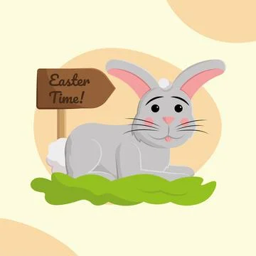 Gray bunny near Easter sign. Vector Stock Illustration