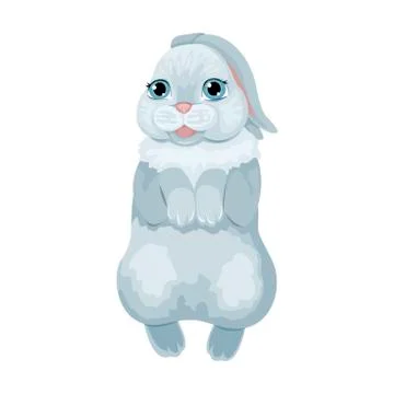The gray bunny rabbit stands with its paws and ears tucked in. Cute vector Stock Illustration