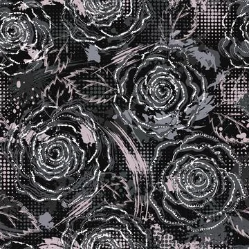 Gray camo pattern with roses, splattered paint Illustrazione stock