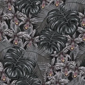 Gray camo pattern with tropical leaves, orchyds Stock Illustration