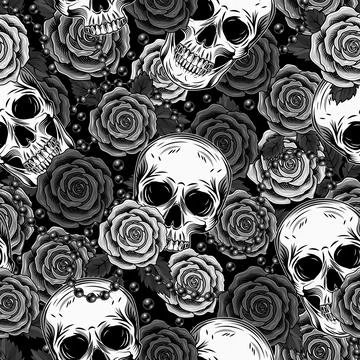 Gray camouflage pattern with human skull, roses Stock Illustration