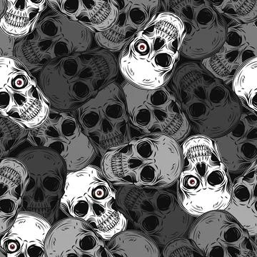 Gray camouflage pattern with human skulls, red eye Stock Illustration