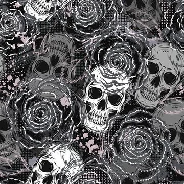 Gray camouflage pattern with skulls, roses Stock Illustration