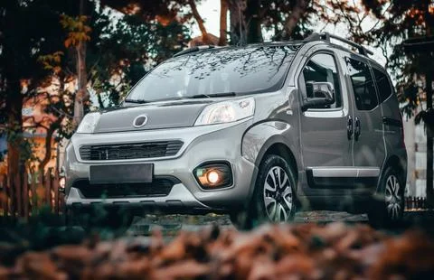 Gray car between tree. Vehicle in nature Stock Photos
