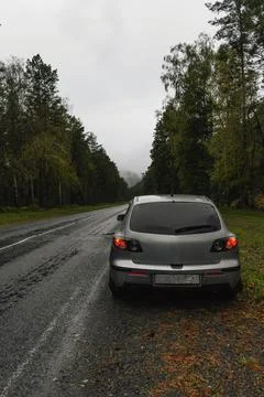 A gray car is parked at the side of the road. Road in the autumn forest. Stock Photos