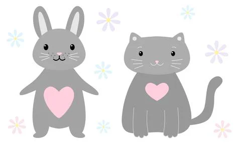 Gray cat and rabbit with pink hearts on chest Stock Illustration