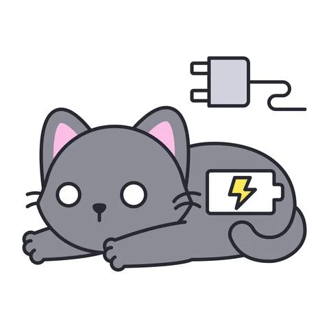 Gray cat with battery charging icon Stock Illustration