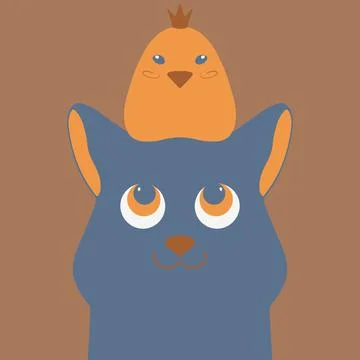 A gray cat with a chicken on his head. Cute illustration of animals. Illustrazione stock