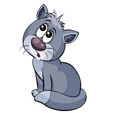 Gray cat, cute character sits and looks up thoughtfully, cartoon illustration Stock Illustration